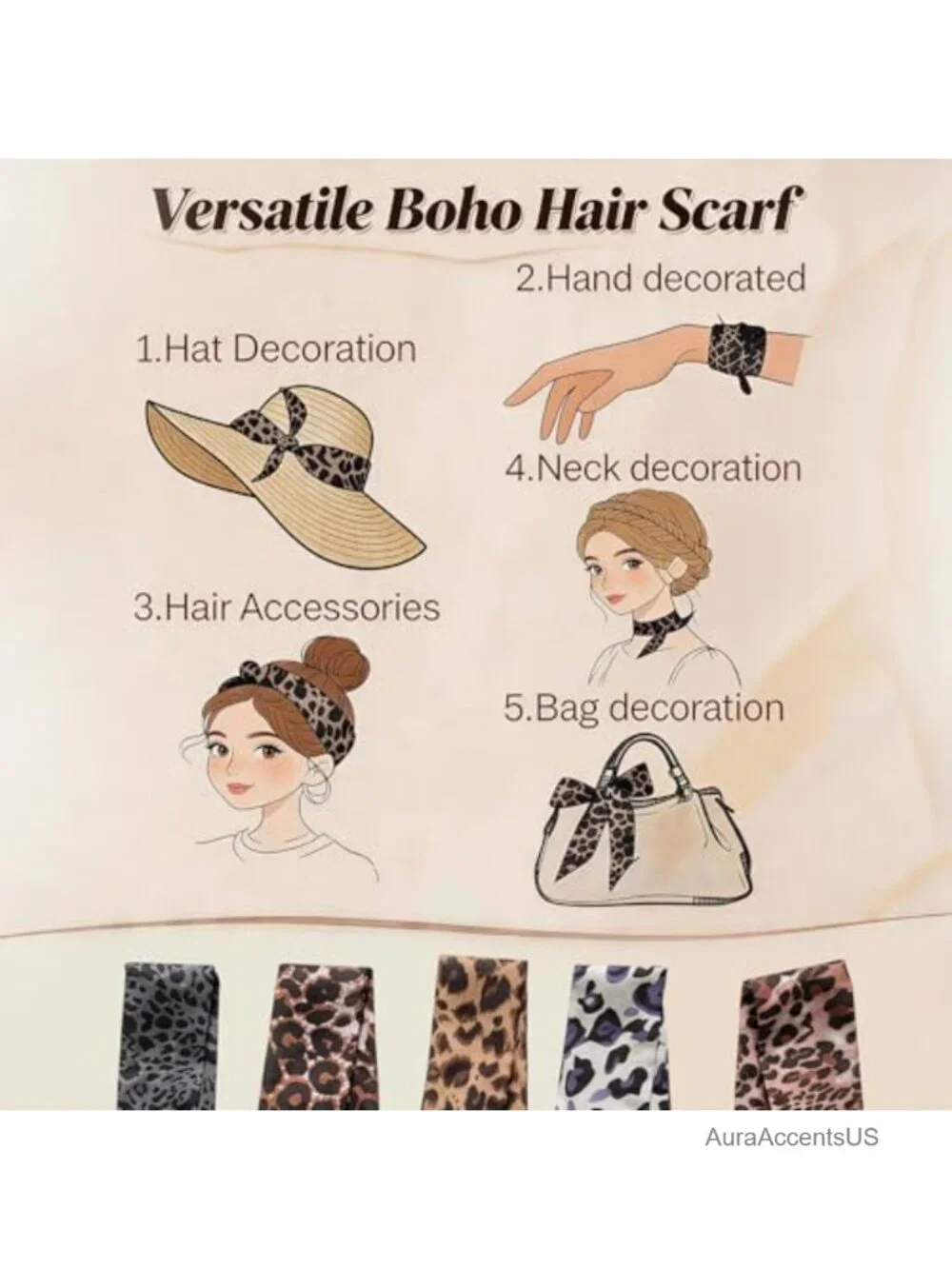 5 Pack Silk Ribbon Scarf for Handbags, Fashion Scarf & Hair Accessory